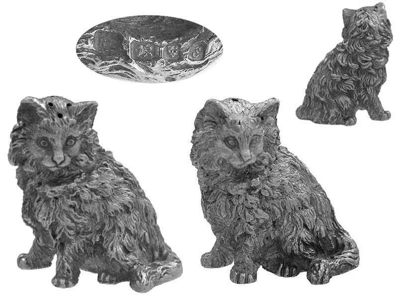 Sterling Silver Cat Salt & Pepper Pots 1973